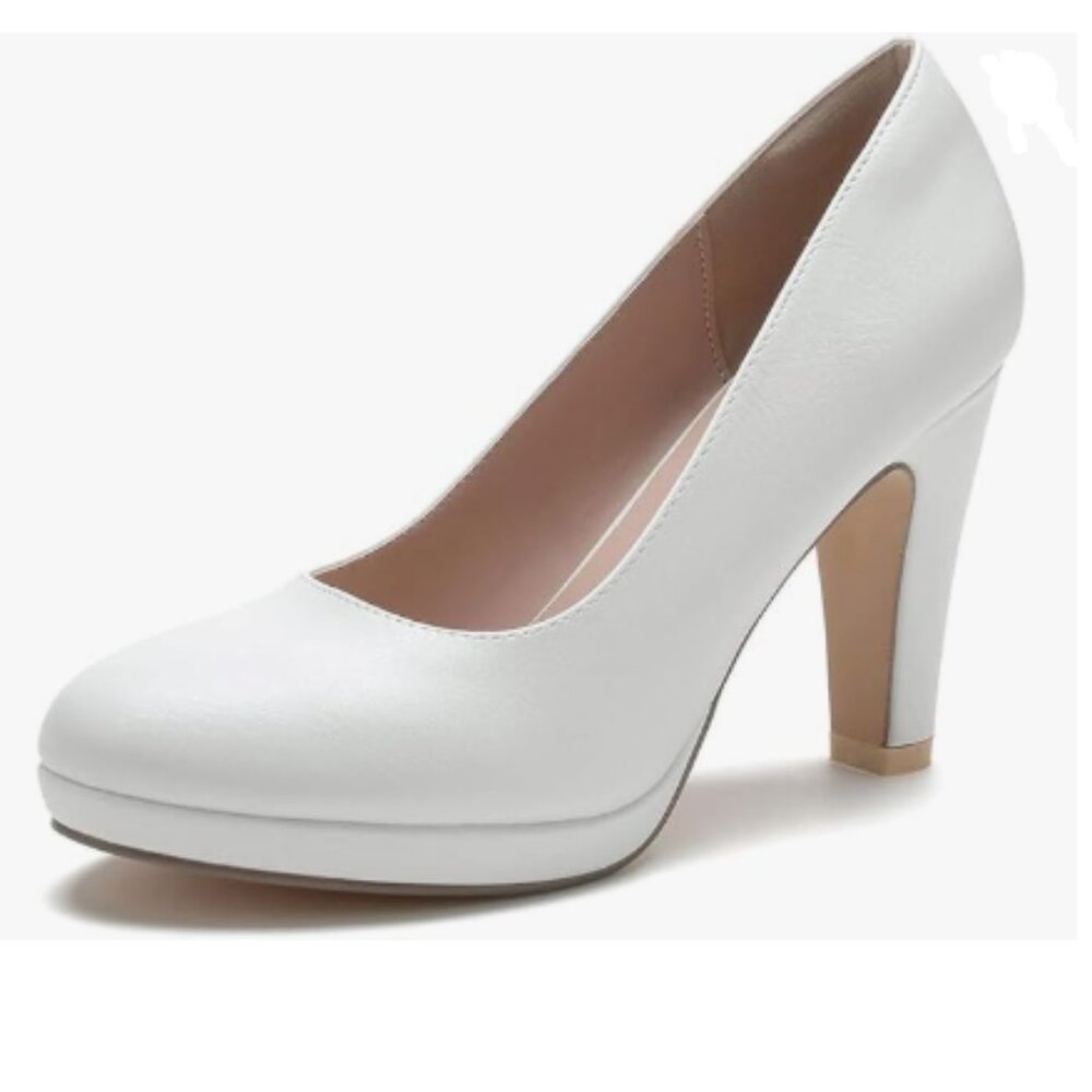 miss left White Platform Almond Toe Pumps Classic Slip On Chunky High Heels Shoe